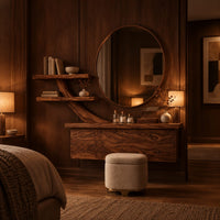 Floating makeup vanity with a branch shaped arm and two small shelves in an evening bedroom with walnut wall paneling