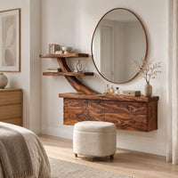 Floating makeup vanity with a branch shaped arm and two small shelves in a Scandinavian bedroom with white walls