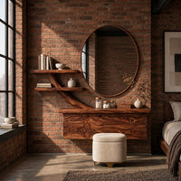 Floating makeup vanity with a branch shaped arm and two small shelves in an industrial loft bedroom with exposed brick