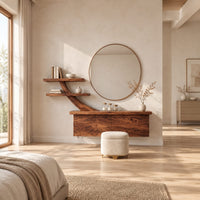 Floating makeup vanity with a branch shaped arm and two small shelves in a bright open plan bedroom