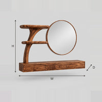 Floating Makeup Vanity With Branching Tree Stem And Two Shelves dimension diagram with width, height and depth