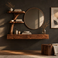 Corner detail of floating makeup vanity with a low three panel front and a tree stem shelf beside wood, brass and linen samples