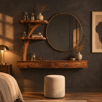 Floating makeup vanity with a low three panel front and a tree stem shelf in a dark bedroom at golden hour