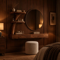 Floating makeup vanity with a low three panel front and a tree stem shelf in an evening bedroom with walnut wall paneling