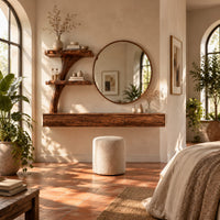 Floating makeup vanity with a low three panel front and a tree stem shelf in a bright bedroom with arched windows and plants