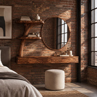 Floating makeup vanity with a low three panel front and a tree stem shelf in an industrial loft bedroom with exposed brick