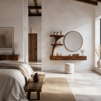 Floating makeup vanity with a low three panel front and a tree stem shelf in a bright open plan bedroom