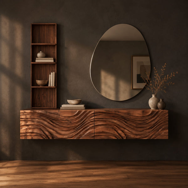 Floating Makeup Vanity With Carved Wave Front And Tall Open Shelf