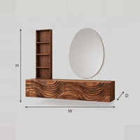 Floating Makeup Vanity With Carved Wave Front And Tall Open Shelf dimension diagram with width, height and depth