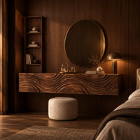 Floating makeup vanity with a carved wave front and a tall open shelf in an evening bedroom with walnut wall paneling