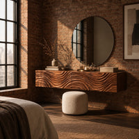 Floating makeup vanity with a carved wave front and a tall open shelf in an industrial loft bedroom with exposed brick