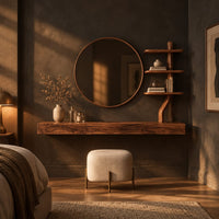 Floating wood makeup vanity with a circular mirror and a branch shaped tiered shelf in a dark bedroom at golden hour