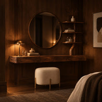 Floating wood makeup vanity with a circular mirror and a branch shaped tiered shelf in an evening bedroom with walnut wall paneling