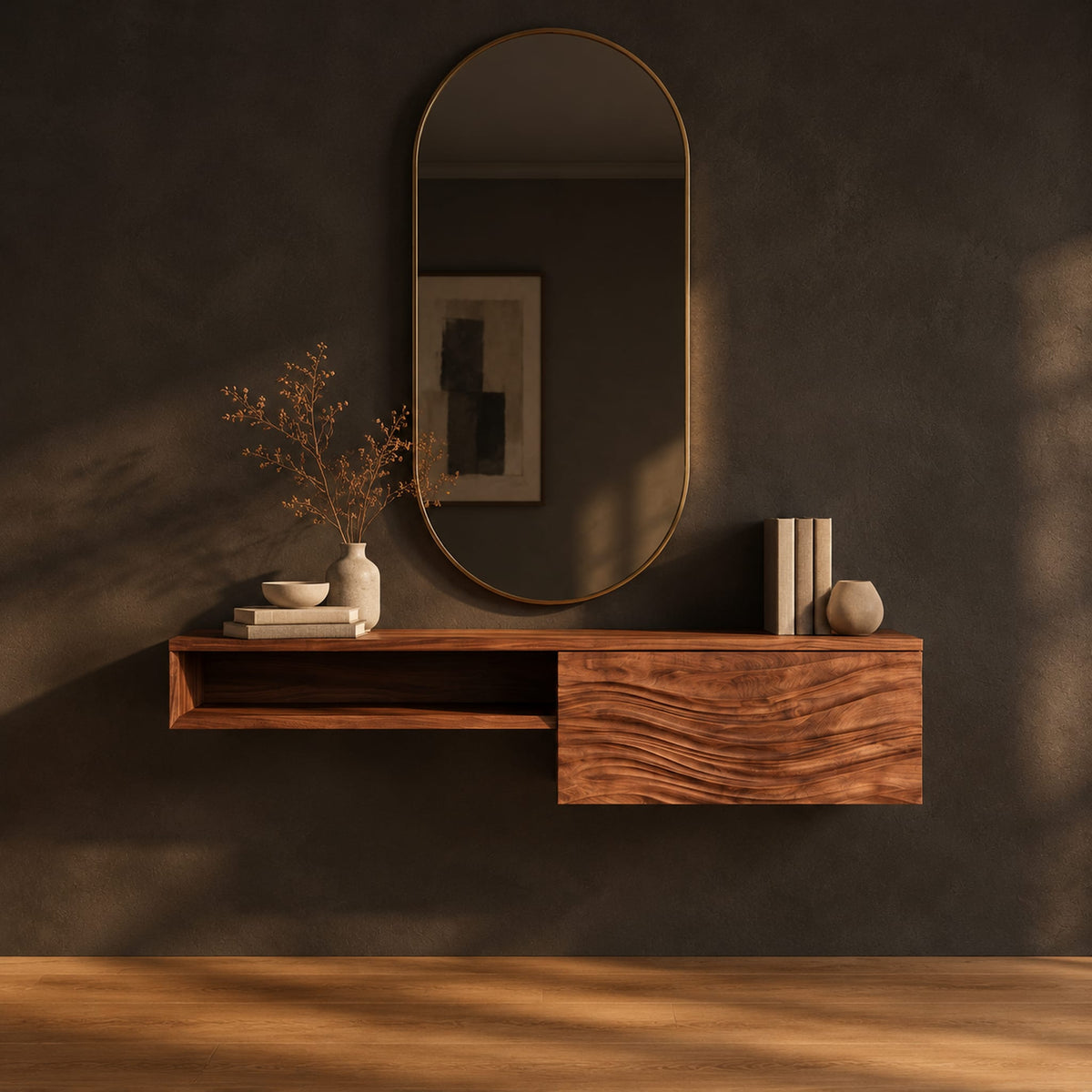 Floating makeup vanity with an open niche and a wave carved front panel in a dark studio against a charcoal plaster wall