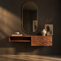 Floating makeup vanity with an open niche and a wave carved front panel, three-quarter view showing the grain