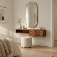 Floating makeup vanity with an open niche and a wave carved front panel in a Scandinavian bedroom with white walls