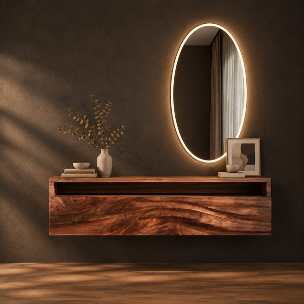 Floating Makeup Vanity With Open Top Niche And Wave Grain Fronts