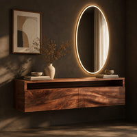 Floating makeup vanity with an open top niche and two wave grain fronts, three-quarter view showing the grain