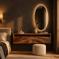 Floating makeup vanity with an open top niche and two wave grain fronts in a dark bedroom at golden hour