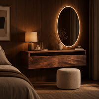 Floating makeup vanity with an open top niche and two wave grain fronts in an evening bedroom with walnut wall paneling