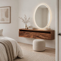 Floating makeup vanity with an open top niche and two wave grain fronts in a Scandinavian bedroom with white walls
