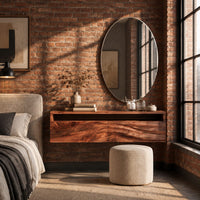 Floating makeup vanity with an open top niche and two wave grain fronts in an industrial loft bedroom with exposed brick