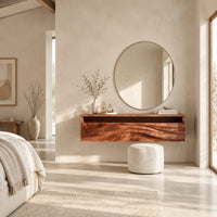 Floating makeup vanity with an open top niche and two wave grain fronts in a bright open plan bedroom