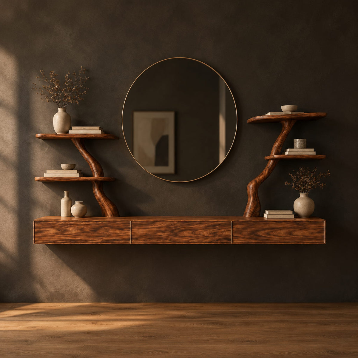 Floating makeup vanity with a long panelled front and two branch shelf stands in a dark studio against a charcoal plaster wall
