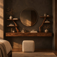 Floating makeup vanity with a long panelled front and two branch shelf stands in a dark bedroom at golden hour
