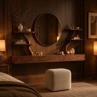 Floating makeup vanity with a long panelled front and two branch shelf stands in an evening bedroom with walnut wall paneling