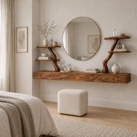 Floating makeup vanity with a long panelled front and two branch shelf stands in a Scandinavian bedroom with white walls