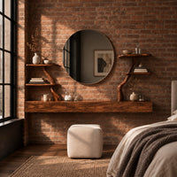 Floating makeup vanity with a long panelled front and two branch shelf stands in an industrial loft bedroom with exposed brick