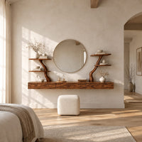 Floating makeup vanity with a long panelled front and two branch shelf stands in a bright open plan bedroom