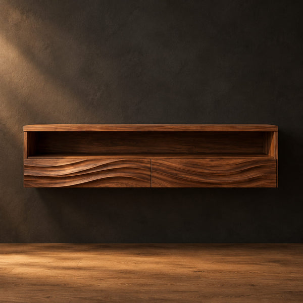 Floating Makeup Vanity With Wave Relief Fronts And Open Shelf