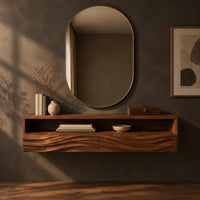 Corner detail of floating makeup vanity with an open top shelf and two wave carved fronts beside wood, brass and linen samples