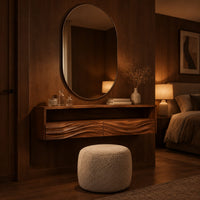 Floating makeup vanity with an open top shelf and two wave carved fronts in an evening bedroom with walnut wall paneling
