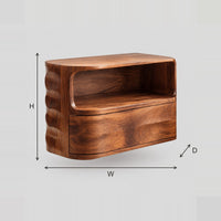 Floating Nightstand With Curved Open Shelf And Carved Wavy Sides dimension diagram with width, height and depth