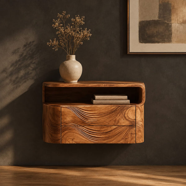 Floating Nightstand With Open Top Niche And Wave Carved Front
