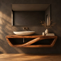 Floating open shelf bathroom vanity with a sweeping inner brace in a dark studio against a charcoal plaster wall