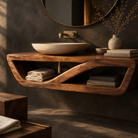 Corner detail of floating open shelf bathroom vanity with a sweeping inner brace beside wood, brass and linen samples