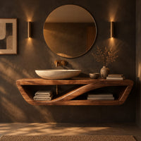 Floating open shelf bathroom vanity with a sweeping inner brace in a dark bathroom at golden hour