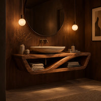 Floating open shelf bathroom vanity with a sweeping inner brace in an evening bathroom with walnut wall paneling