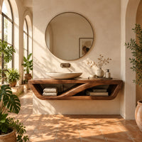 Floating open shelf bathroom vanity with a sweeping inner brace in a bright bathroom with arched windows and plants