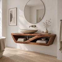 Floating open shelf bathroom vanity with a sweeping inner brace in a Scandinavian bathroom with white walls