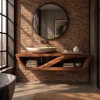 Floating open shelf bathroom vanity with a sweeping inner brace in an industrial loft bathroom with exposed brick