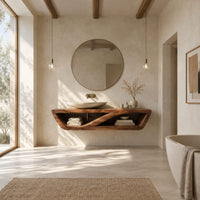 Floating open shelf bathroom vanity with a sweeping inner brace in a bright open plan bathroom
