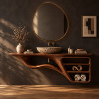 Floating bathroom vanity with a flowing base and three open shelves in a dark studio against a charcoal plaster wall