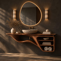 Floating bathroom vanity with a flowing base and three open shelves, three-quarter view showing the grain