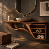 Corner detail of floating bathroom vanity with a flowing base and three open shelves beside wood, brass and linen samples