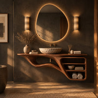Floating bathroom vanity with a flowing base and three open shelves in a dark bathroom at golden hour